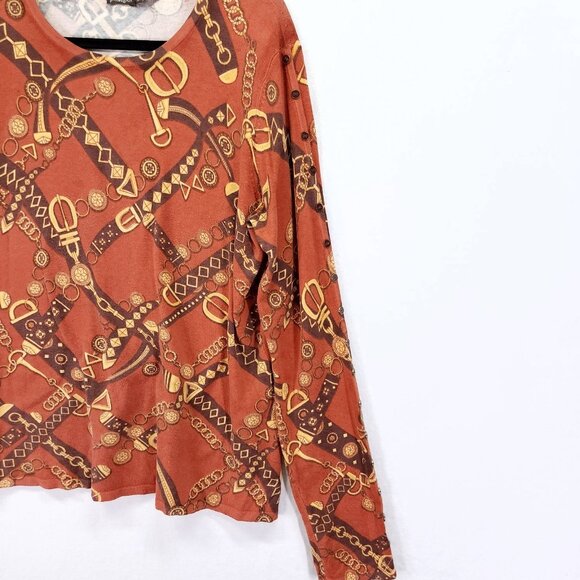 J. McLaughlin Long Sleeve Shirt Medium Ribbed Stretch Orange Gold Print - Picture 10 of 12